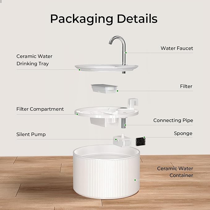 Ceramic Cat Water Fountain, 2.2L/74oz Ceramic Cat Fountains for Drinking Indoor with 3 Replacement Filters and 3 Sponges, Automatic Pet Water Dispenser with Ultra-Quiet Pump