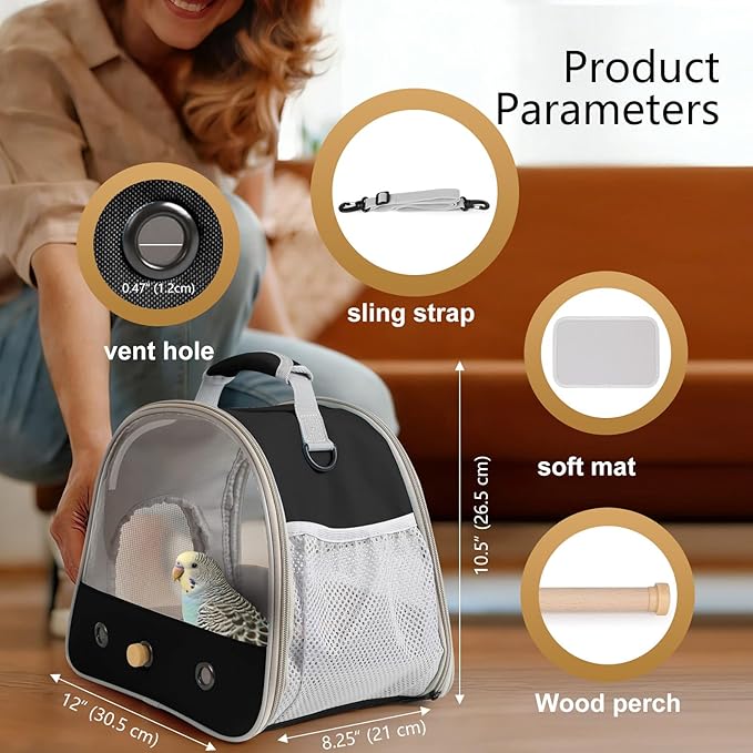 Bird Travel Carrier, Portable Small Bird Parrot Parakeet Carrier with Standing Perch and Soft Mat, Side Access Window Collapsible to Carry and Transport Birds Vet Visit