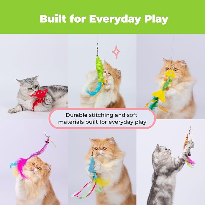 Catify Meow Chase Playset, Retractable Cat Wand Toy with 6 Feather Teaser Cat Toys Attachment, Flexible Cat Teaser Wand for Indoor Cats and Kittens, Cat Fishing Pole Style Toy for Exercise and Bonding