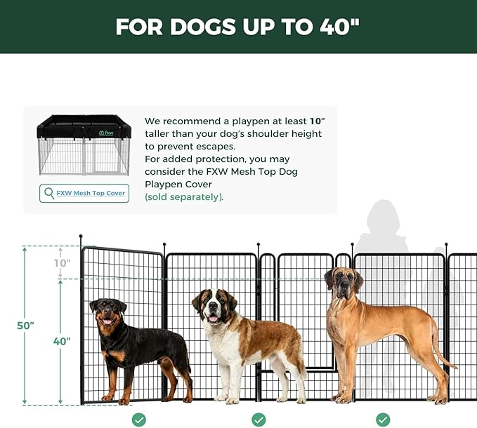 FXW Rollick Unleashed Dog Playpen for Indoor, Yard, RV Camping, 50 inch 16 Panels Dog Pen with Connectors (Pack of 2) for Large Dogs, Black│Patented