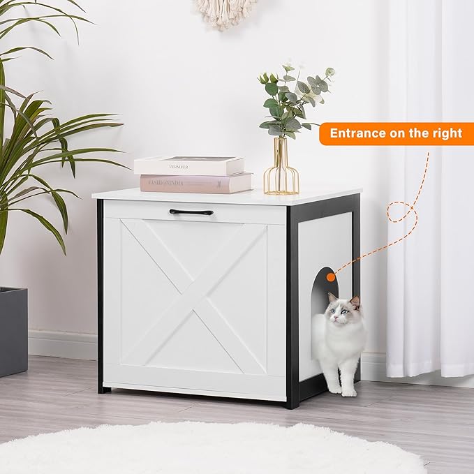 Dwanton Cat Litter Box Furniture Hidden, Cat Litter Box Enclosure, Reversible Entrance Can Be on Left or Right Side, Indoor Cabinet, Wooden Washroom, End Table, Nightstand, White, 23.6" L