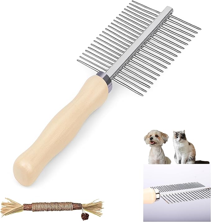 Double Row Undercoat Rake for Dogs & Cats - Wooden Handle Metal Dog Comb, Pet Grooming Dog Rake for Deshedding & Detangling