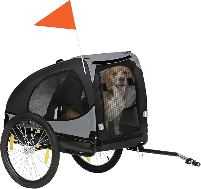 Aosom Dog Bike Trailer, Pet Bike Wagon with Steel Frame, Hitch Coupler, Quick Release Wheels, Reflectors, Flag, Pet Travel Carrier for Medium Dogs