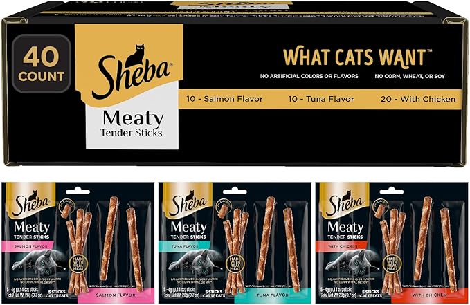 Sheba Meaty Tender Sticks Soft Cat Treats Chicken, Tuna, and Salmon Flavor, 0.14 oz., 40 Sticks