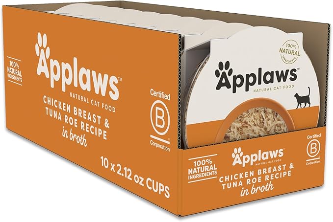 Applaws Natural Wet Cat Food in Broth, Limited and Natural Ingredients, High Protein with No Artificial Additives, Chicken Breast & Tuna in Broth (10 x 2.12 oz Easy-Open Cups)