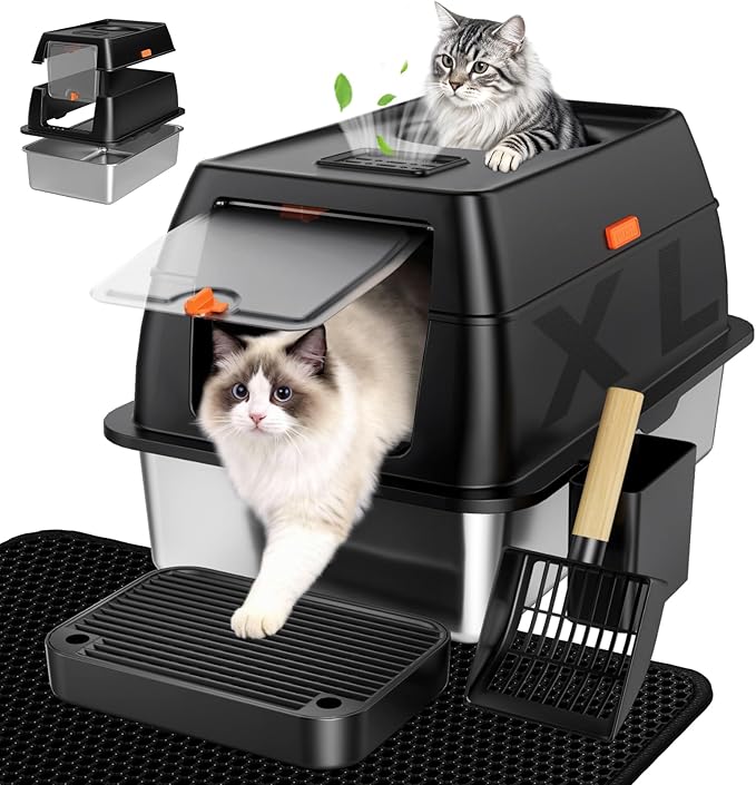 Extra Large Stainless Steel Litter Box with Lid, High Sided Enclosed Metal Cat Litter Pan, Dog Proof Front Entry Top Exit, Odor Control Easy Clean Leak Proof, Includes Mat, Scoop & Step, Black