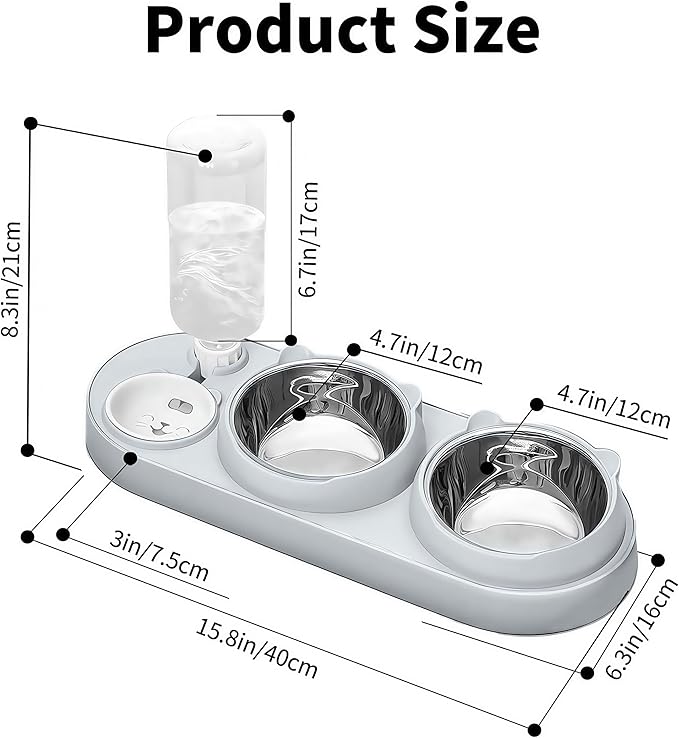 Marchul 3 in 1 Cat Bowl, Cat Food and Water Bowl Set with Water Dispenser and Stainless Steel Bowls, 15° Tilted Pet Raised Three Bowls for Indoor Cats, Small or Medium Sized Dogs，(Light Gray)