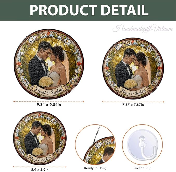 LOVELYPOD Custom Photo Stained Glass Suncatcher Couple Portrait Window Hanging, Valentine Gift Him Her Boyfriend Girlfriend, for Husband Wife, Christmas Ornament for Family