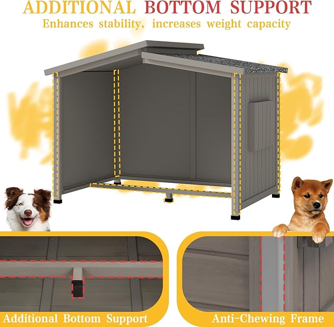 43" L Outdoor Extra Large Dog House with Removable Floor, Raised Feet, Anti-Chewing Iron Frame – Wooden Kennel with Asphalt Roof, Window for Indoor/Outdoor Use, Ideal for Medium to Large Dogs