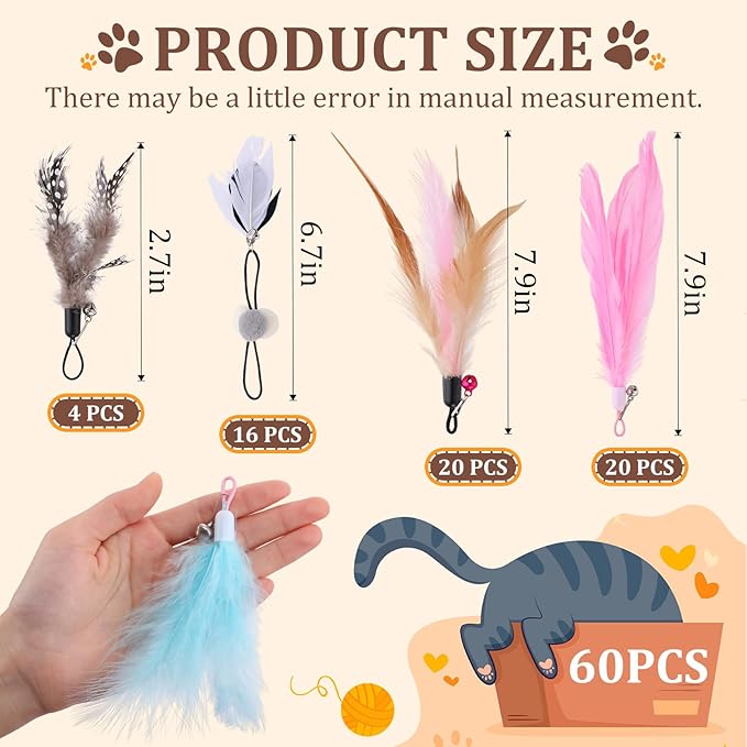 60 Pcs Cat Wand Feather Toys Refill Colorful Cat Wand Replacement Feathers Toy for Interactive Kitten Fishing Pole Feather Attachments with Bells for Stray Cats to Exercise