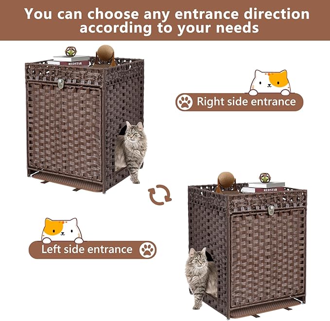 KOUSEI Handwoven Rattan Cat Litter Box Enclosure Furniture - Hidden Indoor Pet House with Door & Mat, Discreet Washroom Cabinet for Living Room and Bedroom, Brown