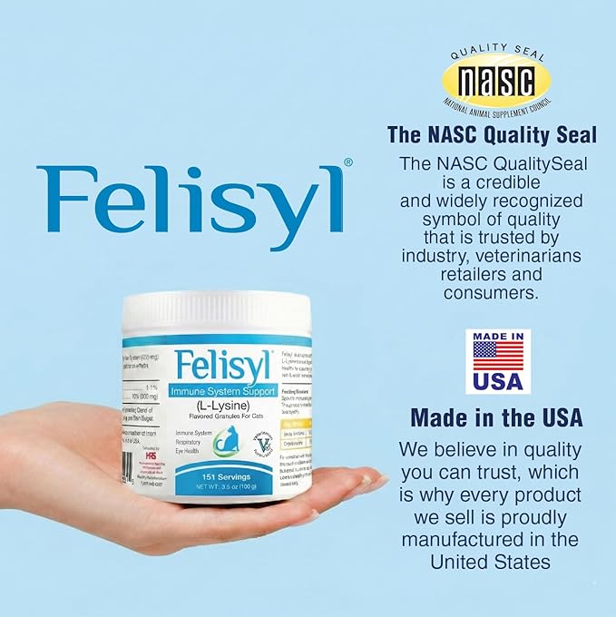 Felisyl L-Lysine Granules for Cats 100g (3.5 oz, 310 Servings) – Supports Immune, Respiratory, and Eye Health. Eases Sneezing, Runny Nose, and Watery Eyes. Tasty Salmon Flavor - Made in The USA
