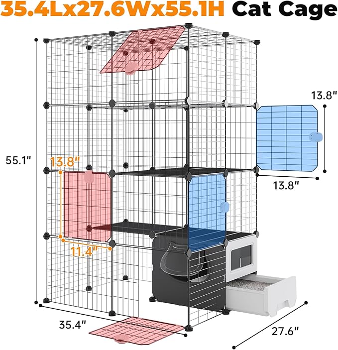Oneluck Cat Cage with Litter Box, 4-Tier DIY Enclosures Detachable Metal Wire Kennel Catio Indoor Crate Large Exercise Place Ideal for 1-2 Cats