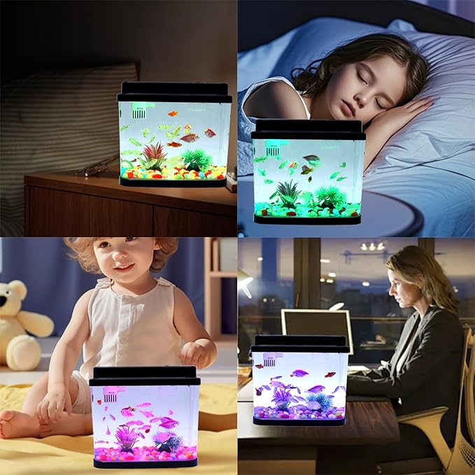 Mini Aquarium Fish Tank,1 Gallon Fish Bowl with Adjustable 6-Color LED Lamps,Filtration,Oxygenation,Water Circulation 3 in 1 Pump,DIY Ocean Stickers, Excellent Gifts for Children and Adults