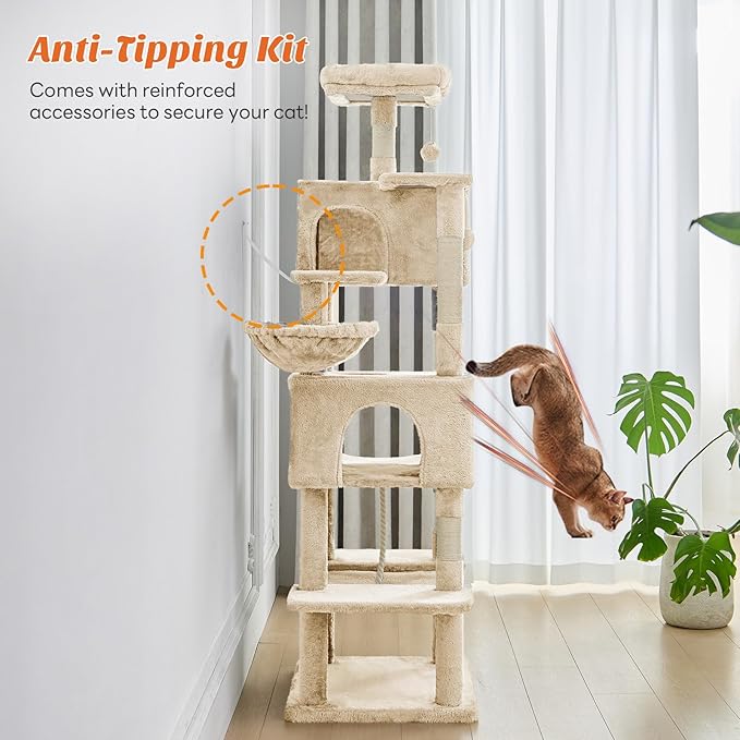 Sweetcrispy 66 Inch Cat Tree Tower, Multi Level Cat Climbing Tower with Natural Sisal Scratching Posts, Hammock, Pet Condo for Indoor Cats and Kittens Play, Beige