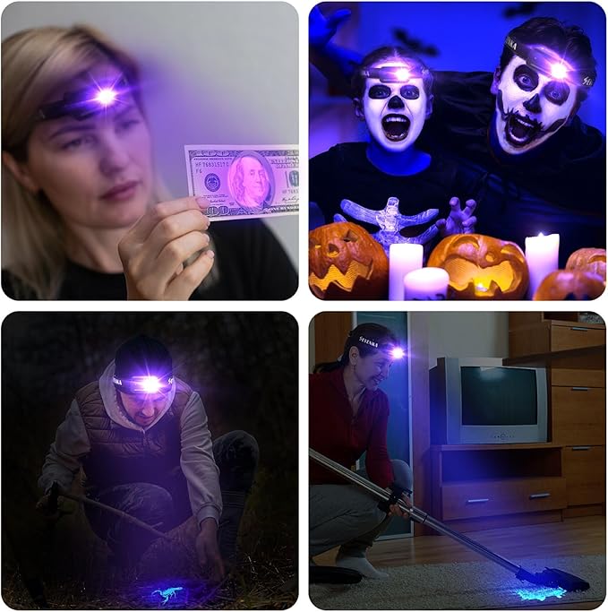SEVENKA 2in1 UV Headlamp Flashlight Black Light & White Light, Rechargeable LED Hands Free Blacklight 395nm, Mini Ultraviolet Head Lamp, Pet Urine Detector for Dog/Cat Urine Stains, Bed Bug, Scorpion
