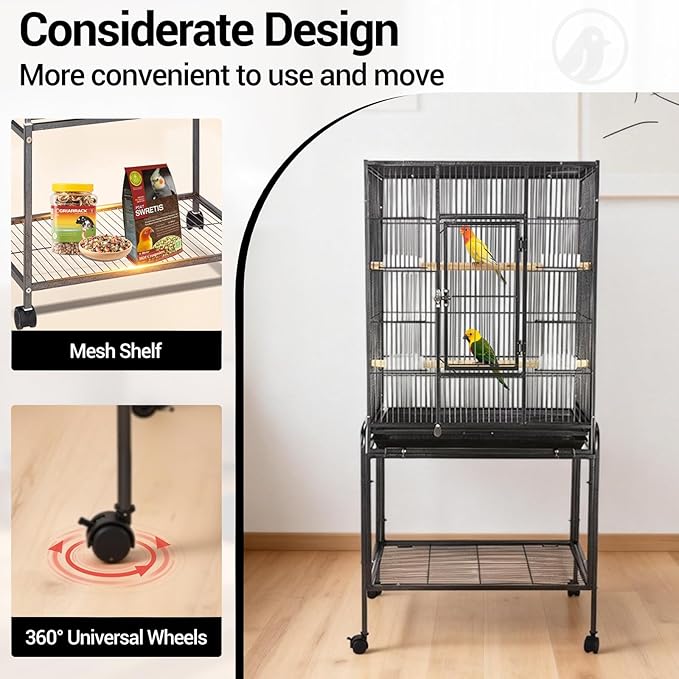 53 Inch Bird Cage with Wooden Perches, Standing Wrought Iron Birdcage Large Parrot Flight Bird Cage with Rolling Stand Birdcages for Cockatiels African Grey Quaker Lovebird Canary Budgie Finch Black