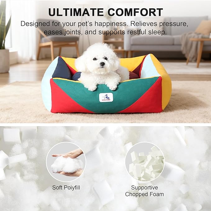 Washable Rectangle Dog Bed with Removable Cover, Color-Block Gingham Cotton Puppy Sofa, Breathable Scratch Resistant Pet Bed, Small