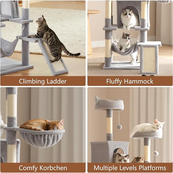 DUMOS Tall Cat Tree 75 Inch, Large Multi-Level Cat Tree Tower with Condo, Perches, Sisal Scratching Posts Board and Hammock, Pet Play House with Dangling Balls for Indoor Cats, Light Grey