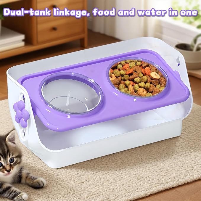 Cat and Dog Pet Double Bowl, Anti-Spill Pet Bowl, Height-Adjustable Pet Food/Water Bowl, Non-Slip, Anti-Tip, Neck Protection Pet Bowl - (Purple)