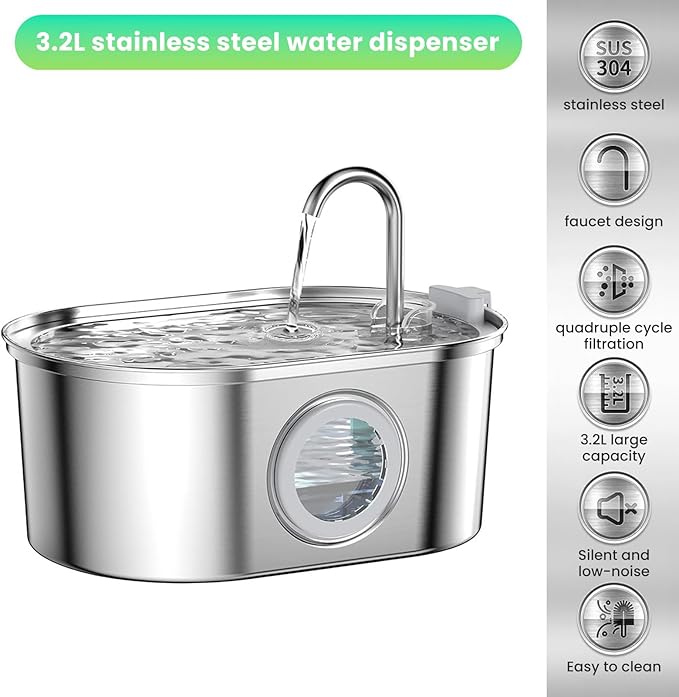 Cat Water Fountain Stainless Steel: 3.2L/108oz Pet Fountain Water Bowl Dog Drinking Dispenser Cat Feeding & Watering Supplies Animal Metal Kitty Spout for