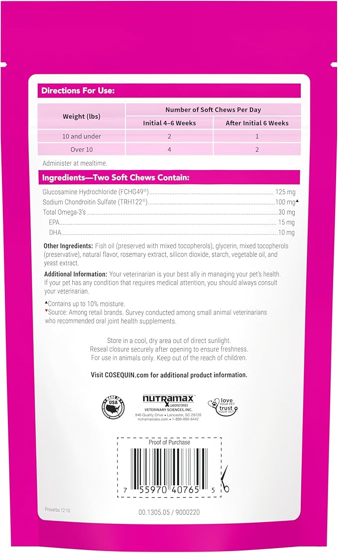 Nutramax Cosequin for Cats Joint Health Supplement, Contains Glucosamine for Cats, Plus Chondroitin and Omega-3s, Supports Joint and_Skin and Coat Health, Soft Chews, 60 Count (Pack of 2)