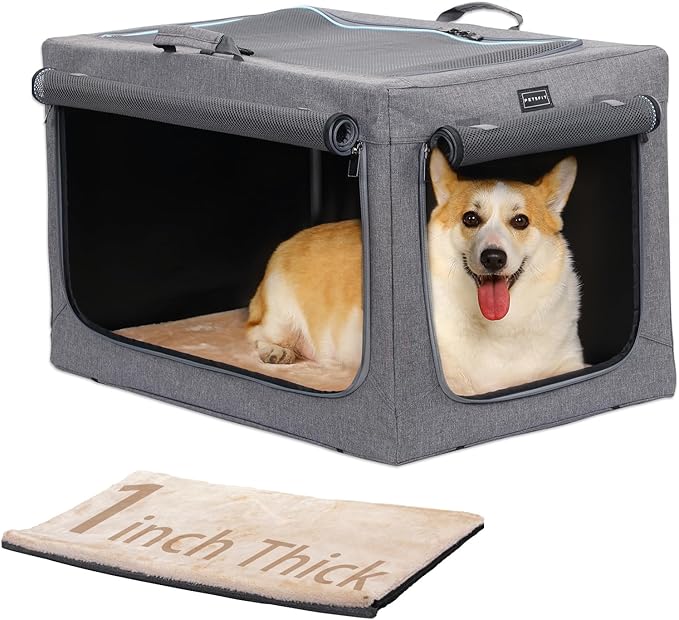 PETSFIT Portable Dog Crate for Medium Dogs, – 30" Soft Dog Travel Crates with Lockable Zippers & Thicken Mat, Adjustable Patented Spiral Steel Frame, Collapsible Kennel for Indoor & Outdoor