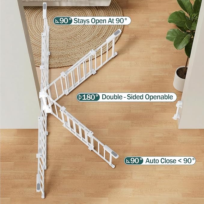 Mumeasy 29.5-43.3" Baby Gate for Stairs, No Bottom Bar Dog Gate with Removable Door & Slide-Adjust Drill Mount, Extra Wide Stairway & Hallway Walk Thru Pet Safety Gate for Doorways, Kitchen (White)