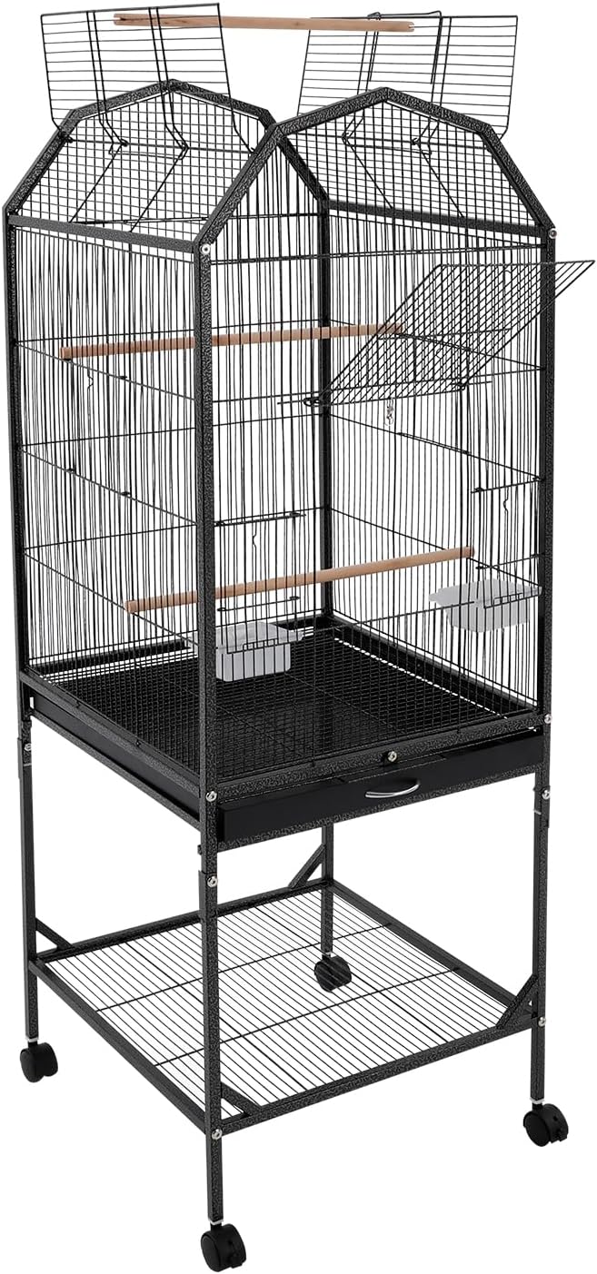 Bird Cage, Open Top and Rolling Stand Medium Small Bird Cage, Bird Cages with Universal Wheels for Parrots, Budgerigars, Parakeets, Cockatiels, Lovebirds, 18 x 18 x 53.9 Inch (Black)