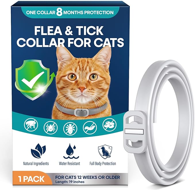 Flea Collar for Cats 1 Pack, 8-Month Flea & Tick Prevention per Collar, Natural Plant-Based, Water-resistant, Adjustable, Fast-Acting & Long-Lasting, Safe for Adult Cats and Kittens, White
