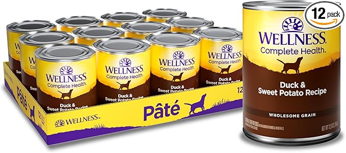 Wellness Complete Health Pate Adult Canned Wet Dog Food, Wholesome Grains, Natural, Duck and Sweet Potato, 12.5 oz, Pack of 12 Cans