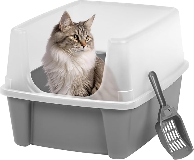 IRIS USA Large Cat Litter Box with Scatter Shield and Scoop, Open Top High Sided Cat Litter Pan, Gray