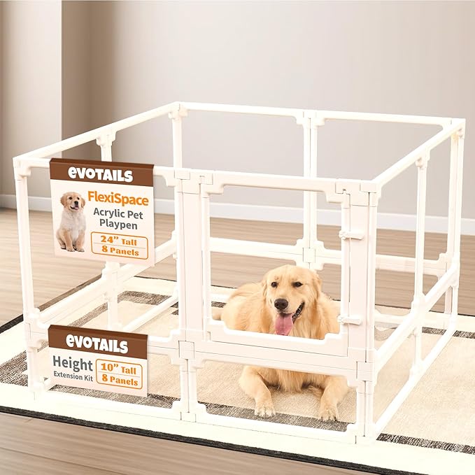 FlexiSpace Customizable Height & Space Clear Acrylic Dog playpen Indoor, The ONLY Play Pen That Grows with Your Pets (White 24”H, 8 Panels)
