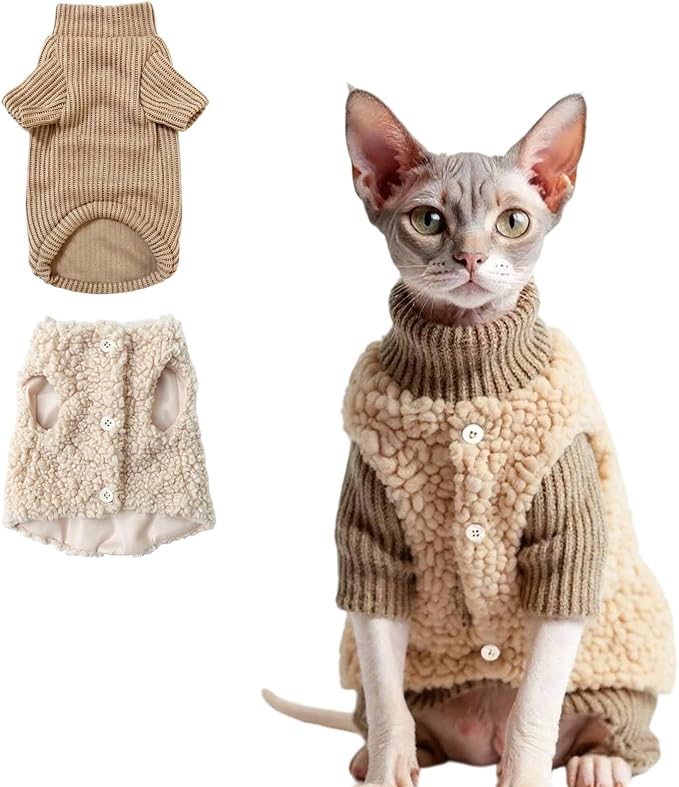 Cat Costume & Puppy Clothes 2-Piece Set, Soft Warm Lamb-Fleece Jacket & Breathable Knit Sweater for Small Dogs & Kittens, Size X-Large