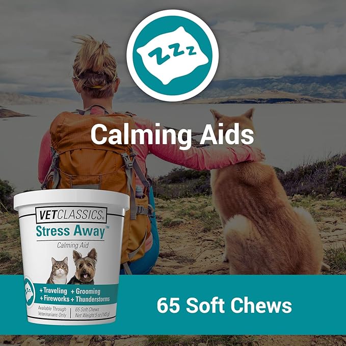 Vet Classics Stress Away Calming, Anxiety Aid for Dogs and Cats – Soft Chew Pet Health Supplement for Dogs, and Cats - Melatonin, Ginger – 65 Soft Chews