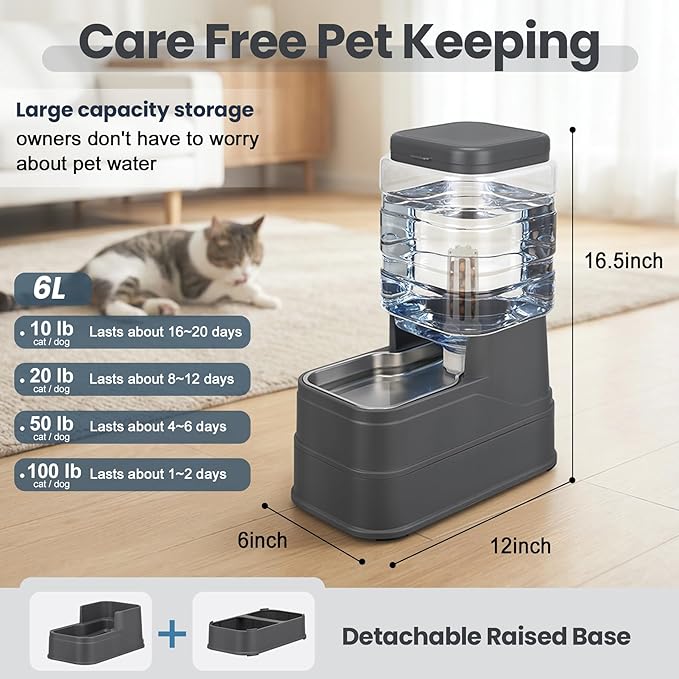 Automatic Dog Water Dispenser Gravity Stainless Steel Water Feeder Cat Waterer Feeder with Wide Mouth Bowl for Small Medium Dog Puppy Kitten (Filter &Ice Pack Included) 1.6Gallon Gray