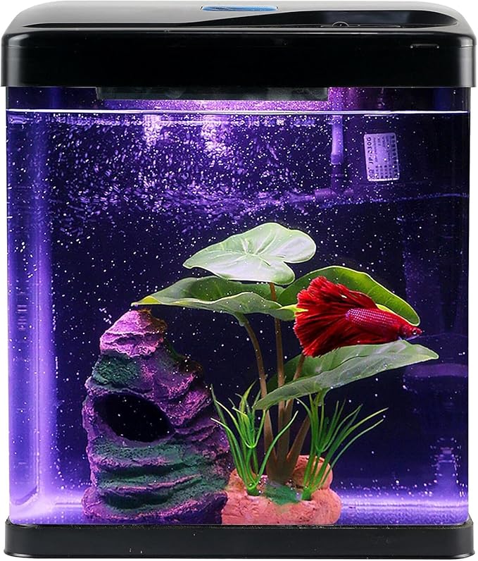 Betta Fish Tank Self Cleaning 2 Gallon Small Aquarium Starter Kits Desktop Room Decor w/LED Light Decorations & Whisper Filters Water Pump (260V2)