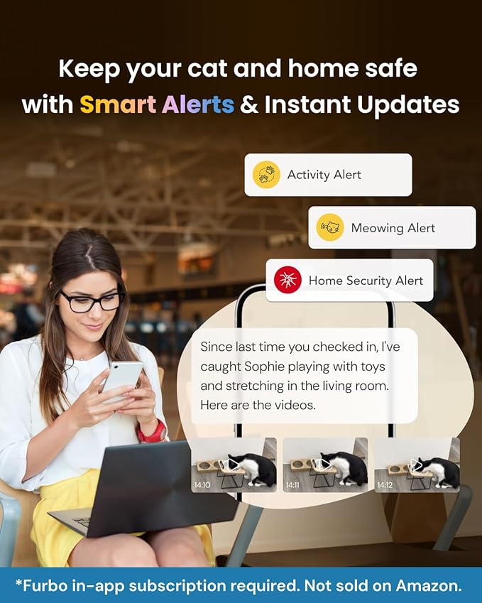 Furbo 360° Cat Camera + Mini [New Subscription Required at Setup] 2-Camera Bundle Nanny Pro Subscription: Cat Safety & Home Security Alerts, Pet Camera with Speaker, Phone App & Night Vision