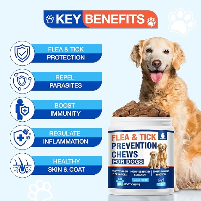 Flea and Tick Prevention for Dogs Chewables-180 Cts, Natural Dog Flea and Tick Treatment, Oral Flea Pills for Dogs Puppy, Skin & Coat Support Supplement, Soft Chews, Chicken Flavor
