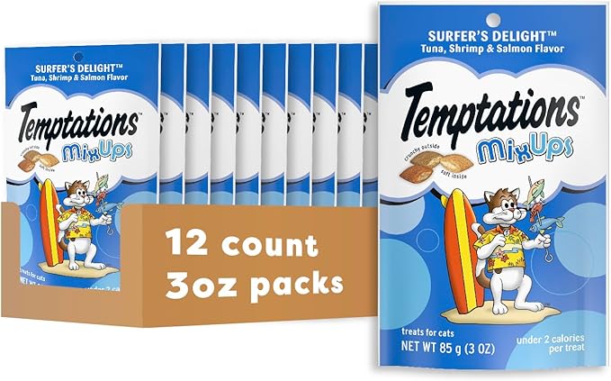 Temptations Cat Treats MixUps Surfer's Delight, Tuna, Shrimp, Salmon Flavor, Crunchy and Soft Cat Treats, 3 oz. Pouch (Pack of 12)
