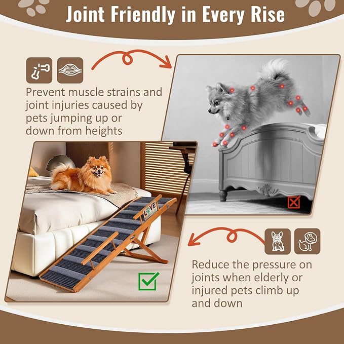 Pawaboo Dog Ramp for Small Dog, 57'' Foldable Dog Ramp for Bed, 5 Adjustable Height from 19.7'' to 30'', Portable Stable Pet Steps with Dogs Tag & Safety Side Rails, Pet Ramps for Bed Couch, Walnut