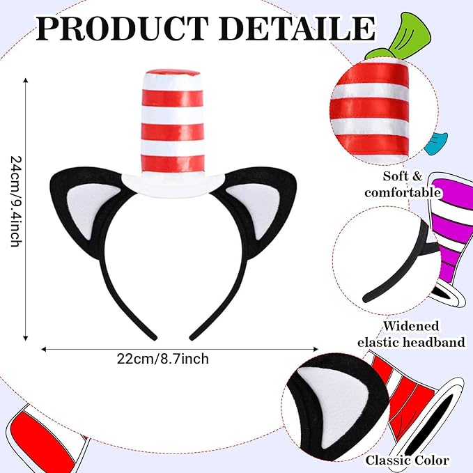 5 Pcs Cat Costume Accessories Set with Red and White Hat Headwear, Bowtie, Socks, Gloves and Tail for World Book Day