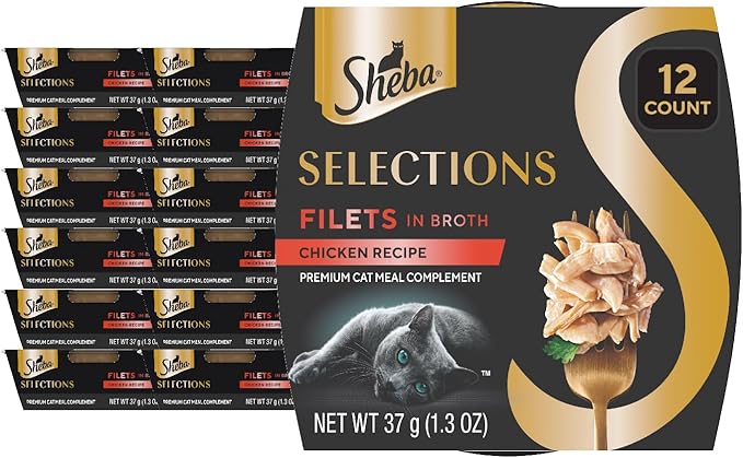 Sheba Selections Filets in Broth, Adult Cat Food Wet Recipe, Meal Complement, Chicken Recipe, 1.3 oz. Cups, 12 Count