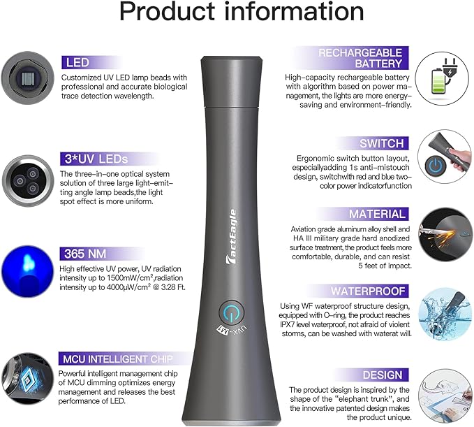 UV Flashlight Black Light, 365nm Blacklight Pet Urine Detector, Rechargeable Blacklight Flashlight for Dog/Cat Urine Stains, Bed Bug, Resin Curing, Scorpions Finder, Grey
