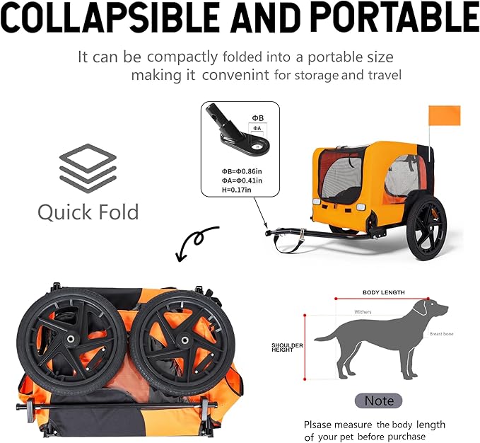 Collapsible Pet Bike Trailer, Portable Dog Bicycle Trailer with Enhanced Safety Design, Weatherproof & Ventilated Pet Carrier for Small to Medium Pets Up to 66 lbs (Orange)