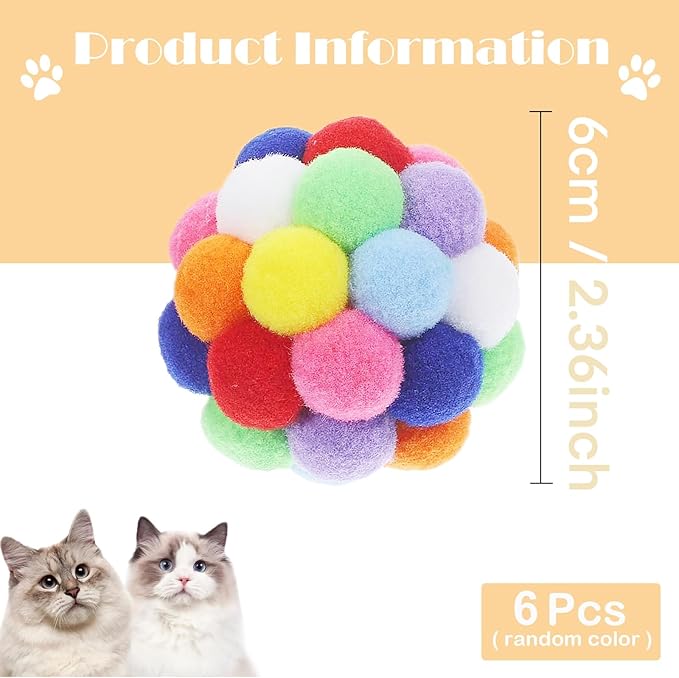 Cat Toys 6PCS - 2.36" Soft Plush Balls for Kittens & Indoor Cats | Machine-Washable Fuzzy Chew Toys, Noiseless Squeeze Play with Vibrant Colors, Durable Kitten Toy Balls (Multicolor)