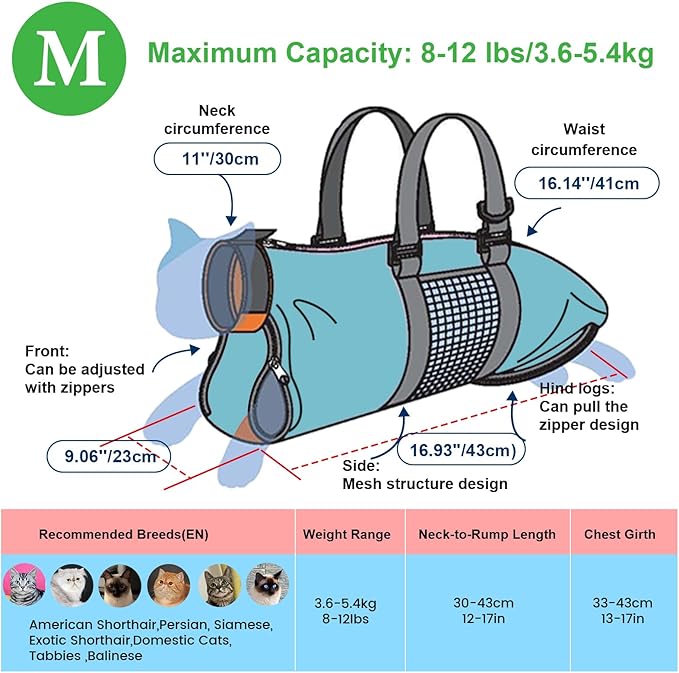 Cinf Cat Nail Clipping Cleaning Grooming Restraint Bag No Scratching Biting for Bathing Nail Trimming Injecting Examining(Blue,M)