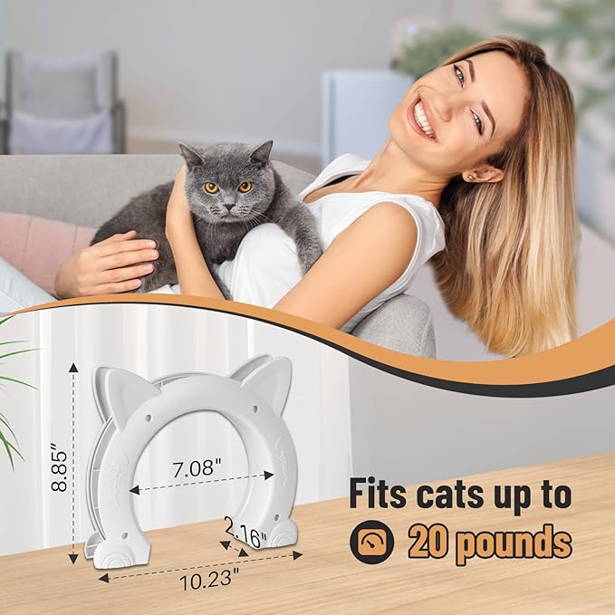 Cat Door Interior Door for Kitties, Pet Door for Hollow Door, Kitty Door, Indoor, Secured Installation in Minutes, No-Flap（White）