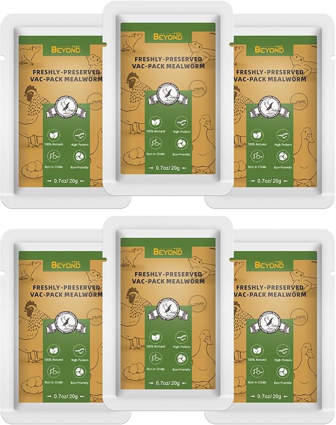 BeyondFeed™ Fresh Feeder Vac Pack Mealworms, All Natural and Preservative-Free, Ideal for Insect-Eating Reptiles, Birds, Tropical Fish, and Small Animals, 0.7 oz/ 20g *6 Packs Bundle