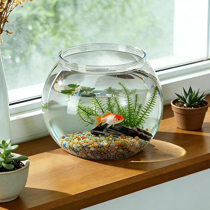 DARENYI Plastic Goldfish Fish Bowl Drum Round Crystal Clear Aquarium Fish Tank Starter Kits with 1 Artificial Aquatic Plant and 1 Bag Mini Ornamental Stones (0.72Gallon/ 2.75L)